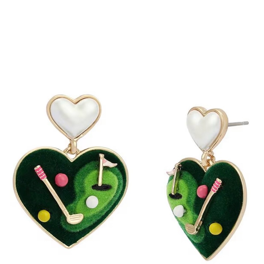 Betsey Johnson Green Heart Golf Motif Drop Earrings with Pearl Hearts - Picture 2 of 3